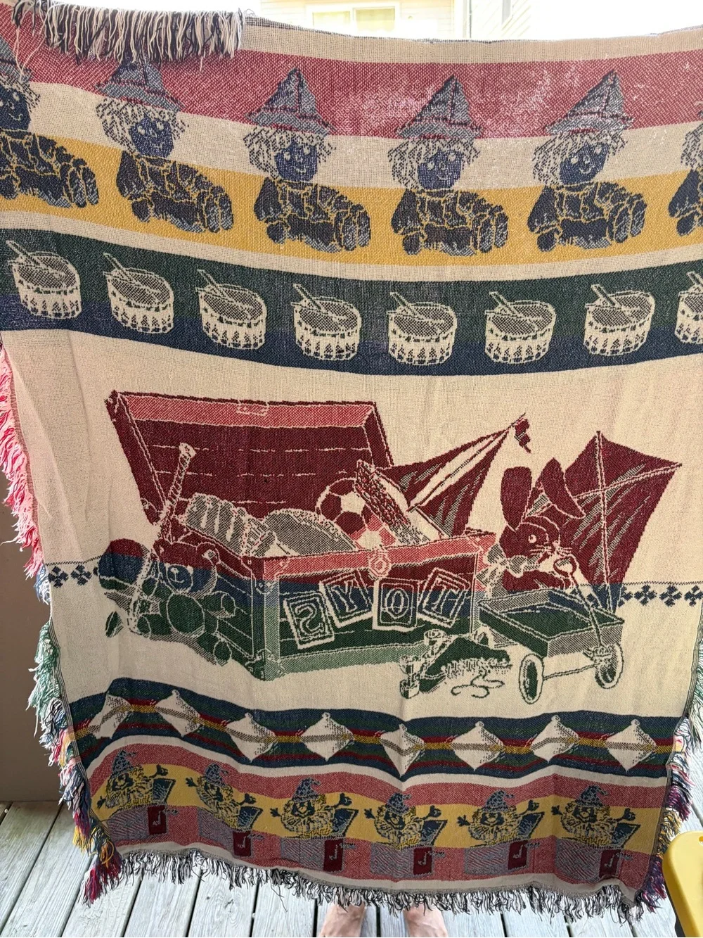 Vintage-Style Toys Pattern Woven Throw Blanket in Red, Navy & Cream